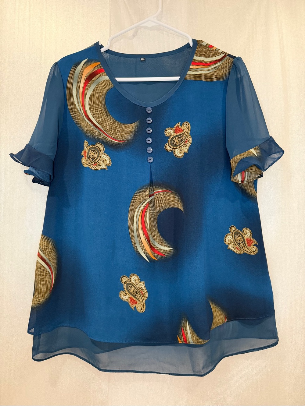 Blue Paisley Printed Short-Sleeve Ruffle-Sleeve Blouse